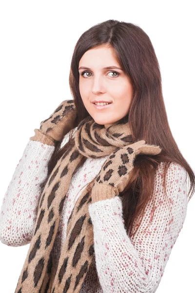 Portrait of a young girl in white sweater, scarf and mittens — Stock Photo, Image