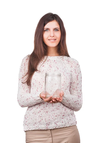 Retrato de una joven en jersey blanco con frasco vacío —  Fotos de Stock
