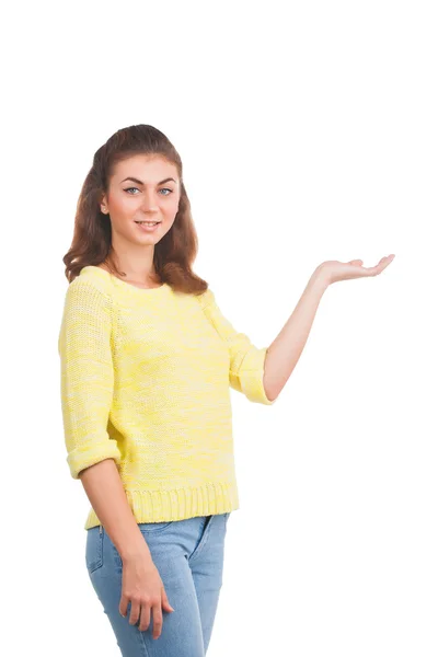 Woman presenting something on white background — Stock Photo, Image