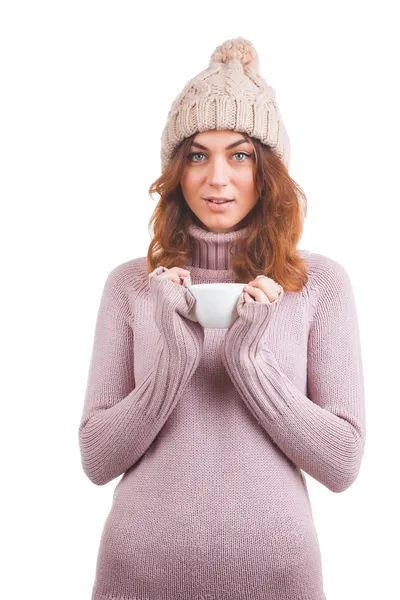 Foto de mujer feliz con taza de café —  Fotos de Stock