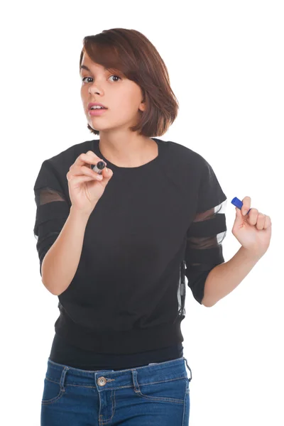 Teenage girl touching virtual screen with marker — Stock Photo, Image