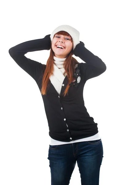 Dívka v bílém klobouku a šátek — Stock fotografie