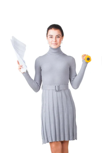 Girl with dumbbells and papers — Stock Photo, Image