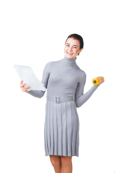 Girl with dumbbells and papers — Stock Photo, Image