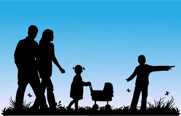 Familia con niños caminando — Vector de stock