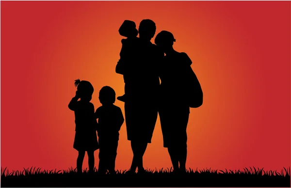 Famiglia felice e un bel tramonto — Vettoriale Stock