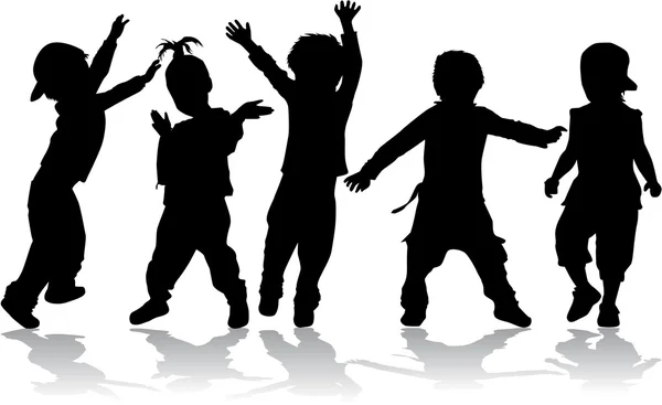 Tanzende Kinder - schwarze Silhouetten. — Stockvektor