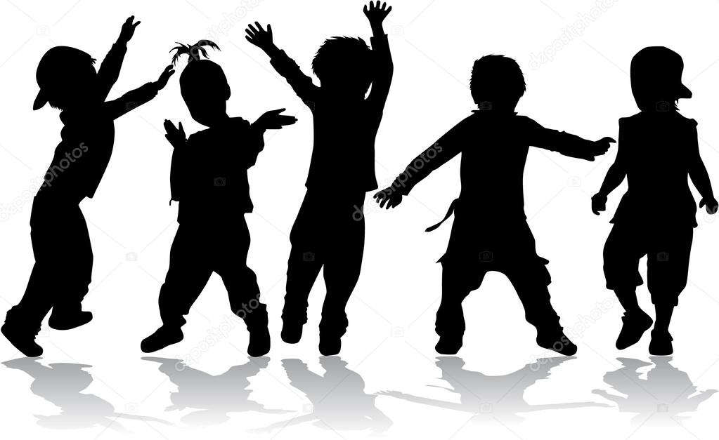 Dancing kids - black silhouettes.