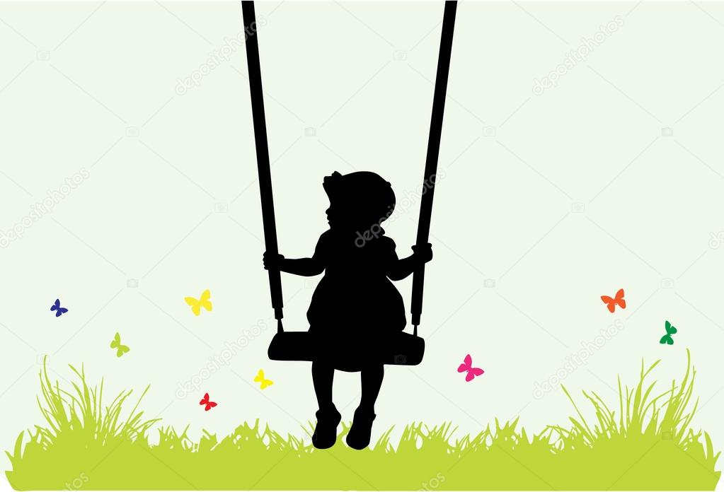 Little girl on a swing .