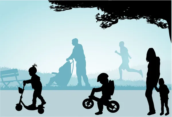 Wandeling in het park-mensen silhouetten . — Stockvector