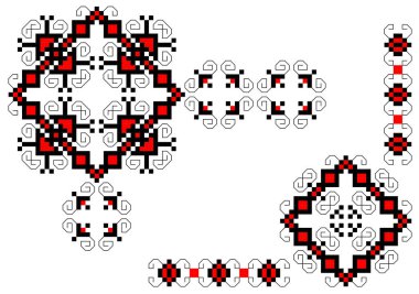 Kırmızı ve siyah süslemeli detaylar.