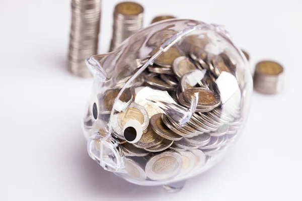 Oszczędności piggy bank! dużo pieniędzy! — Zdjęcie stockowe