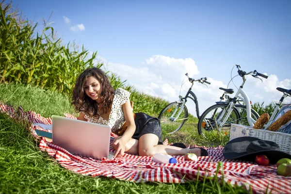 Women, picnic and computer! — Stock Photo, Image