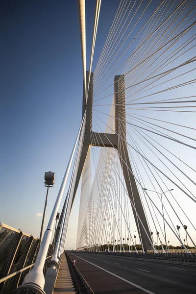 Hermosa foto de un puente de cuerda al atardecer — Foto de Stock