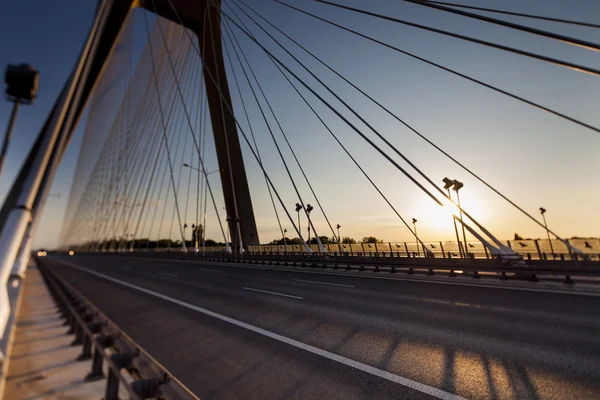 Hermosa foto de un puente de cuerda al atardecer — Foto de Stock