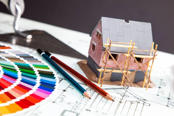 Construção Casa Planos Construção Ferramentas Juntamente Com Uma Amostra Cores — Fotografia de Stock