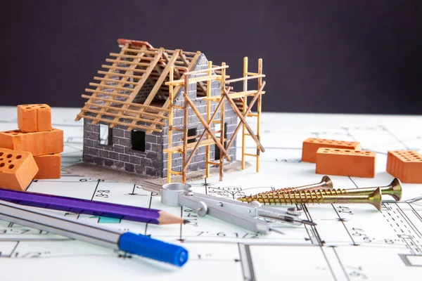 Construção Casa Planos Construção Ferramentas Juntamente Com Uma Amostra Cores — Fotografia de Stock