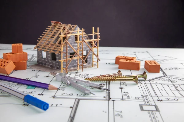 Construção Casa Planos Construção Ferramentas Juntamente Com Uma Amostra Cores — Fotografia de Stock
