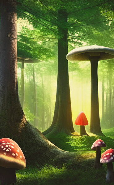 Giant mushrooms in the forest - digital illustration