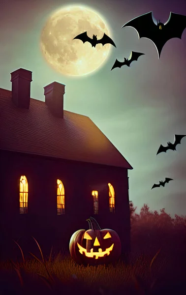 Casa Misteriosa Abóbora Halloween Ilustração Digital — Fotografia de Stock