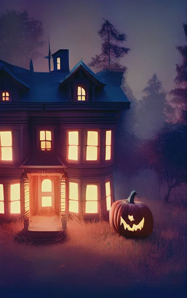 Mysterious House Halloween Pumpkin Digital Illustration — Stock Photo, Image