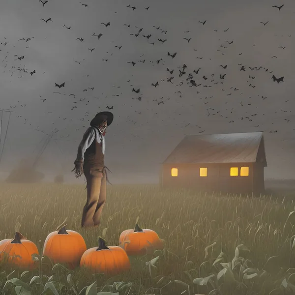 Mysterious Farmer Watching Pumpkins Digital Illustration — Stock Photo, Image