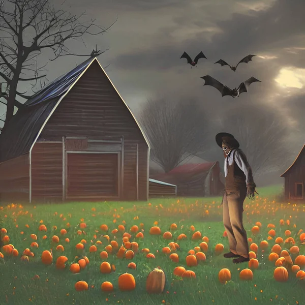 Mysterious Farmer Watching Pumpkins Digital Illustration — Stock Photo, Image