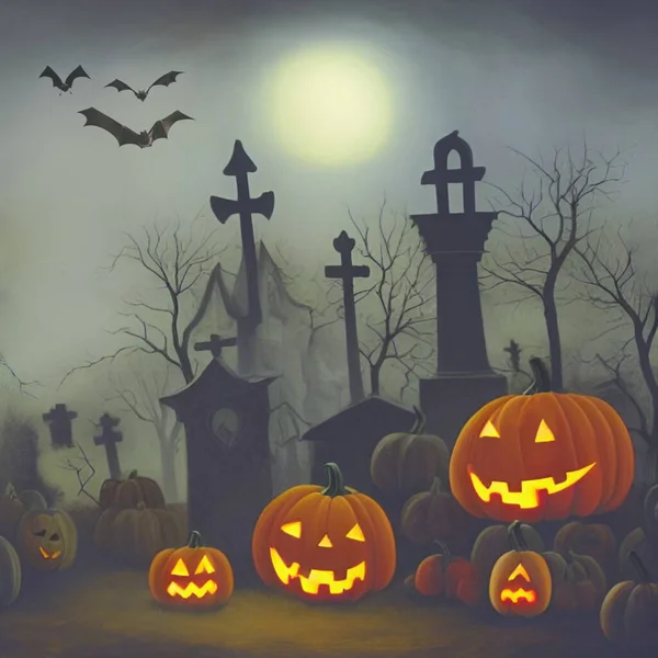 Halloween Kürbisse Auf Dem Friedhof Digitale Illustration — Stockfoto