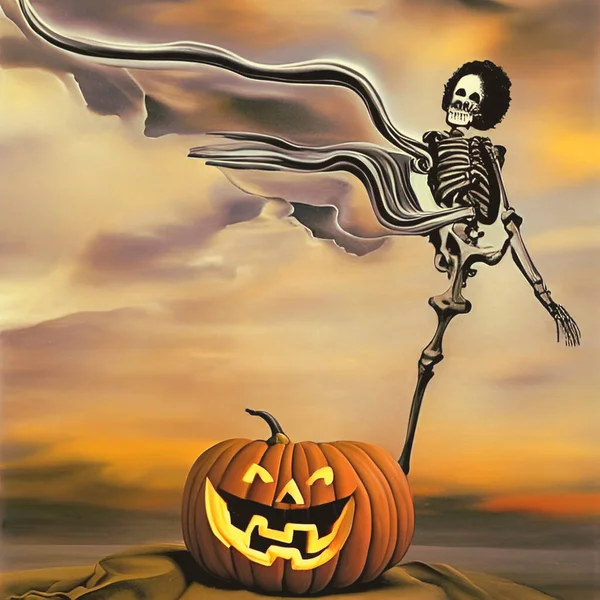 Kerangka Halloween Dan Jack Lantern Ilustrasi Digital — Stok Foto