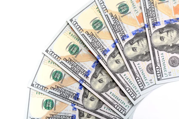 New U.S. hundred-dollar bills, folded like a fan, put into circu — Stock Photo, Image