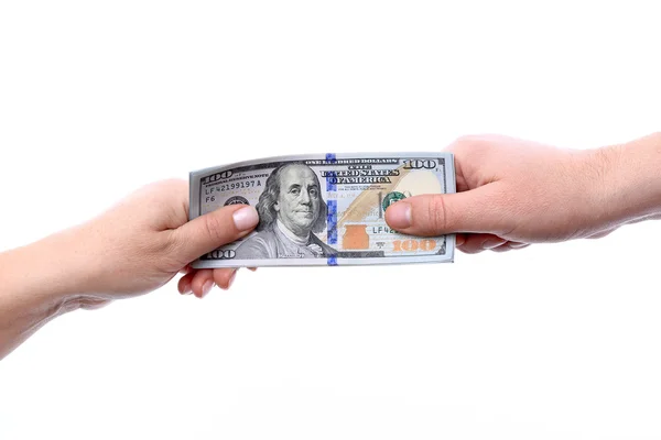 The transfer of arms in the hands of new U.S. hundred dollar bil — Stock Photo, Image