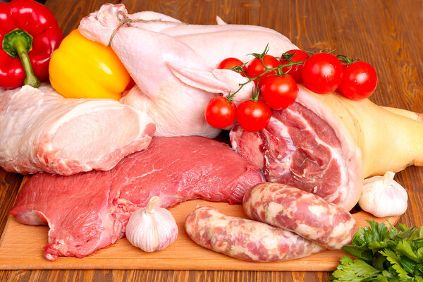 Fresh raw meat - beef, pork, chicken and vegetables