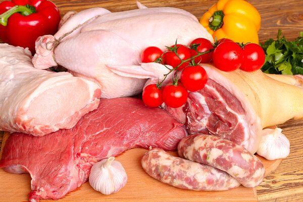 Fresh raw meat - beef, pork, chicken and vegetables 