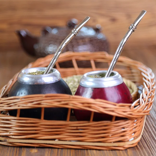 Yerba mate and mate in calabash on a wicker tray — Stock Photo, Image