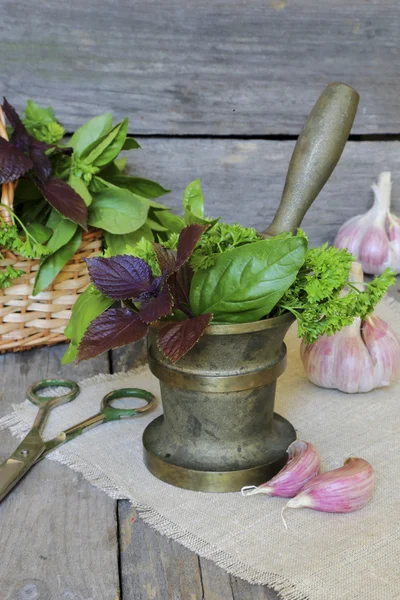 Gewürze und Kräuter auf dunklem Holzgrund — Stockfoto