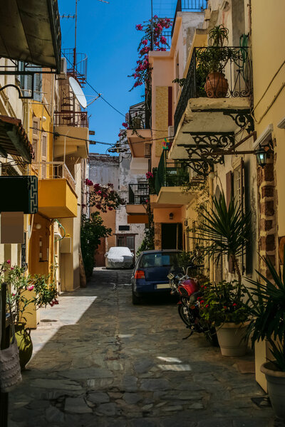 Colorful street and traditional architecture in old part in city of Chania on island of Crete, Greece