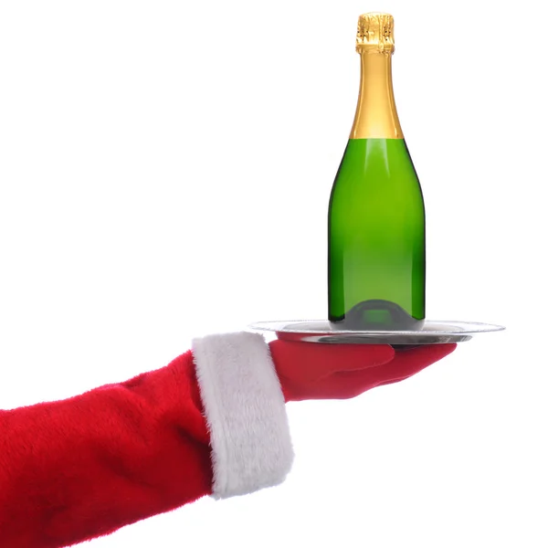 Kerstman met champagnefles op dienblad — Stockfoto