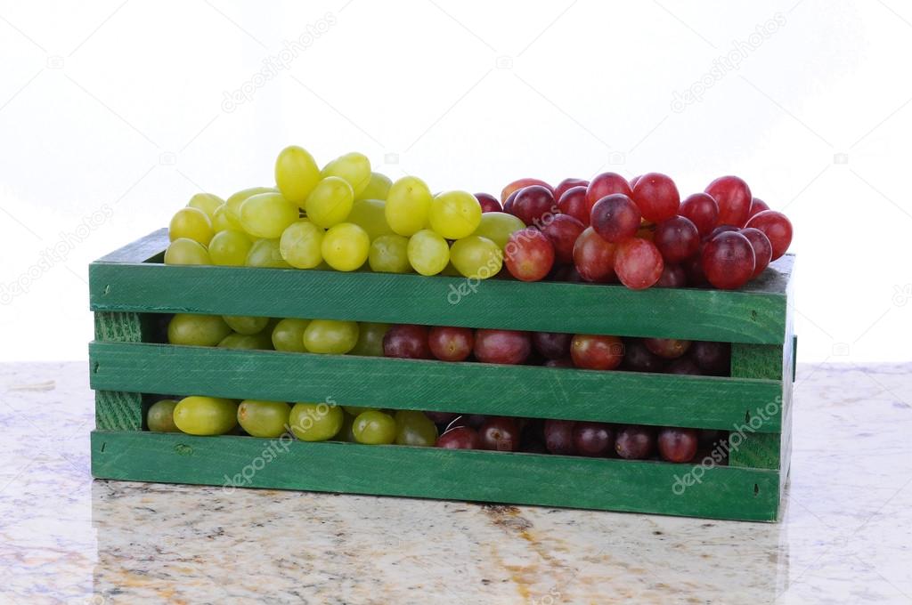 Red and Green Grapes in Wood Crate