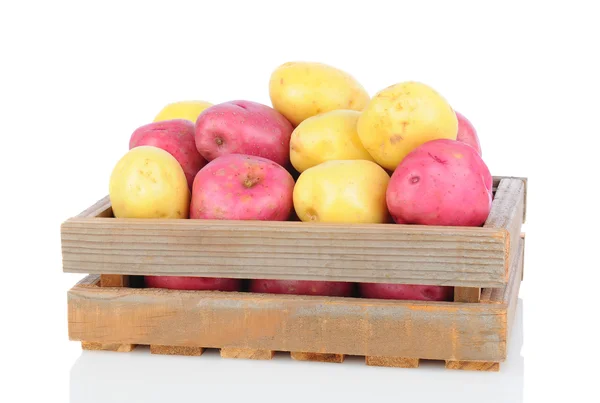 Patatas rojas y blancas en jaula de madera — Foto de Stock