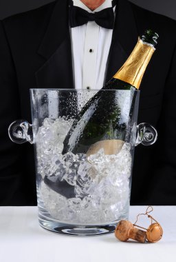 Ober permanent achter een champagne emmer