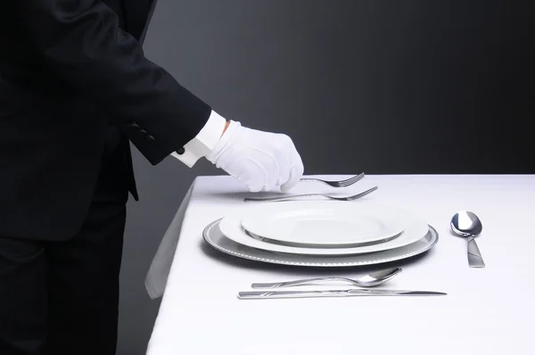 Waiter Setting Formal Dinner Table — Stock Photo, Image