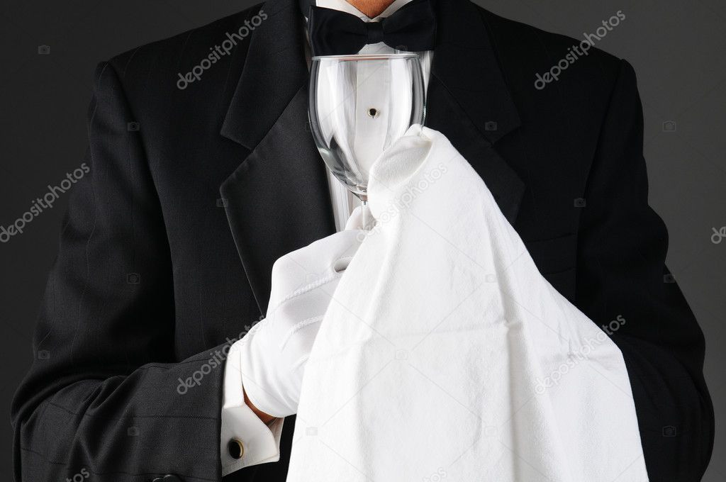 Waiter Polishing Stemware