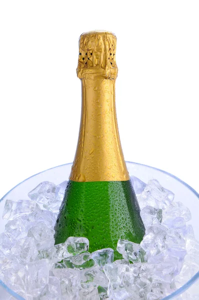 Closeup champagne fles in ijs emmer — Stockfoto