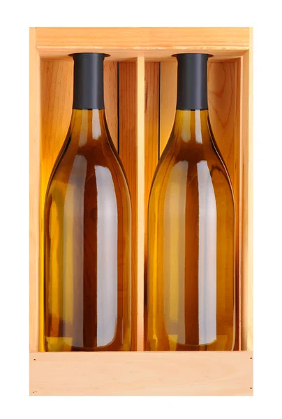 Dos botellas Chardonnay en caja de madera — Foto de Stock