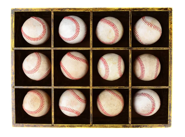 Pelotas de béisbol en caja de madera — Foto de Stock