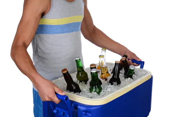 Young Man Carrying Beer Cooler — Stock Photo, Image