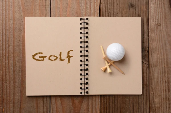 Golfboll och tees på öppna anteckningsboken — Stockfoto