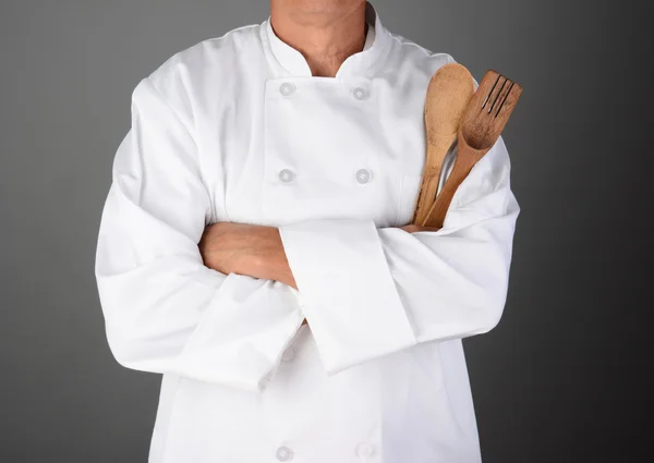 Chef Holding Wood Utensils — Stock Photo, Image