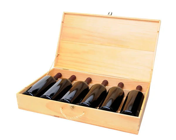 Una cassa di sei bottiglie di bottiglie di vino rosso — Foto Stock