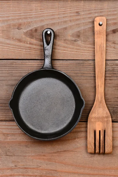 Frying Pan and Wood Fork — Stock Photo, Image